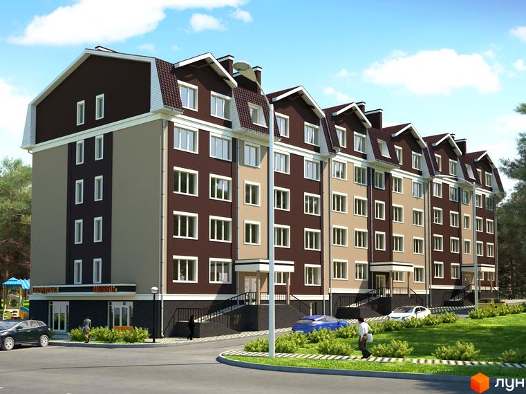 Житловий комплекс NovoSell. Багатоповерховий будинок з коричневою покрівлею та фасадом у світлих тонах. Біля будинку є газон, парковка та дитячий майданчик.