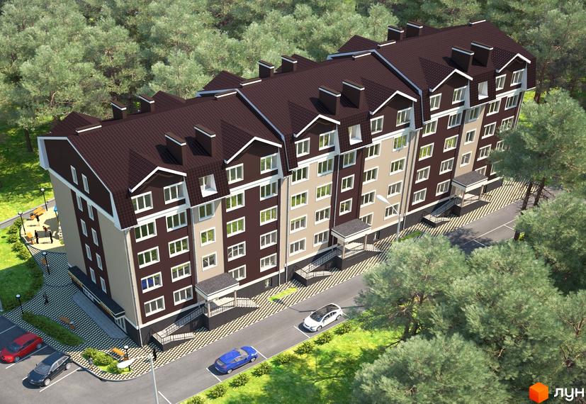 Житловий комплекс NovoSell. Багатоквартирний будинок з коричневим дахом та фасадом у світлих тонах. На прибудинковій території є парковка та зелені насадження.