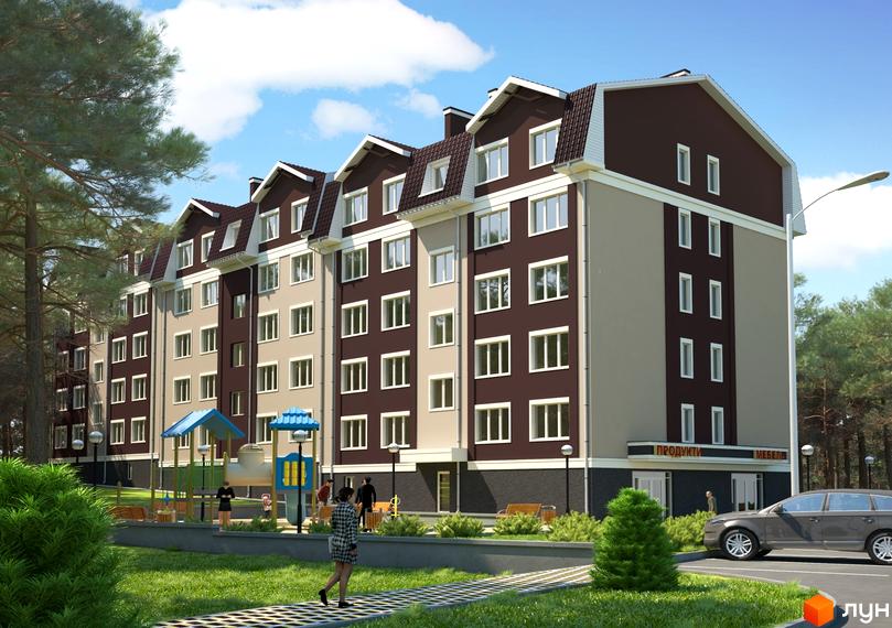 Зображення житлового комплексу NovoSell. Багатоповерховий будинок з коричневою покрівлею та світлими фасадами. На території є дитячий майданчик та зелені насадження.
