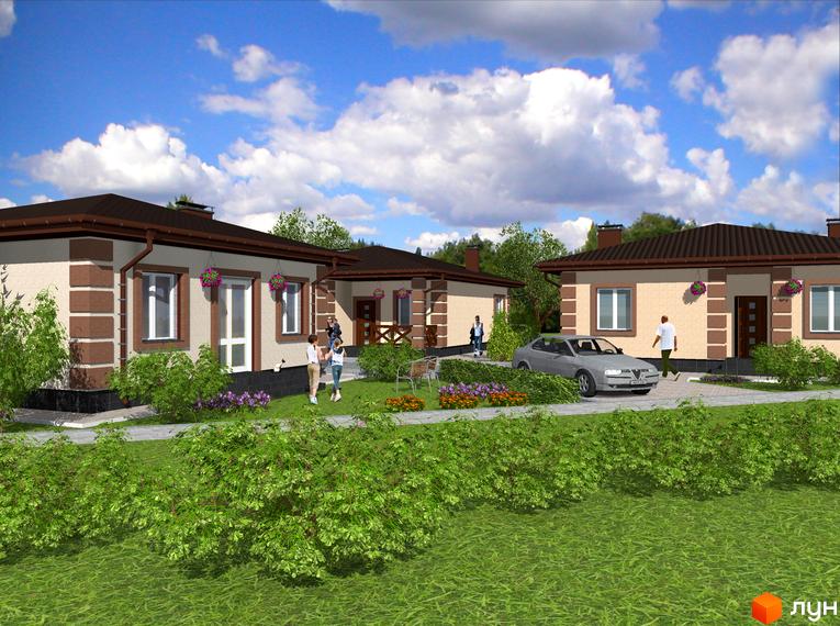 Котеджне містечко Новий Київ. Зовнішній вигляд одноповерхових будинків з коричневими дахами та світлими фасадами, прибудинкова територія з зеленими насадженнями та автомобілем.