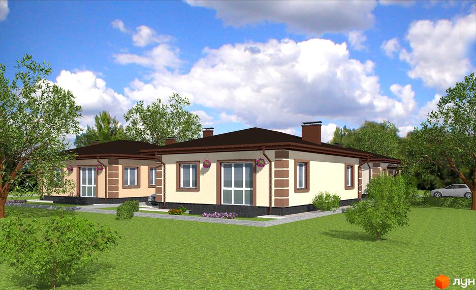 Зображення житлового будинку в Котеджному містечку Новий Київ. На передньому плані газон та дерева, на задньому - блакитне небо з хмарами.