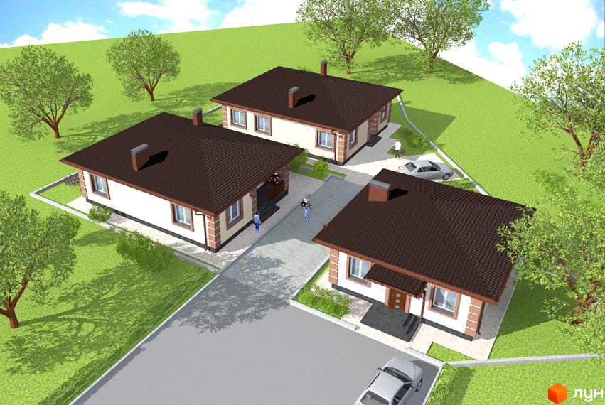 Зображення житлового комплексу. На фото три будинки з коричневими дахами, білими стінами та коричневими декоративними елементами. Навколо будинків зелена трава та дерева, а також асфальтовані доріжки та парковка.