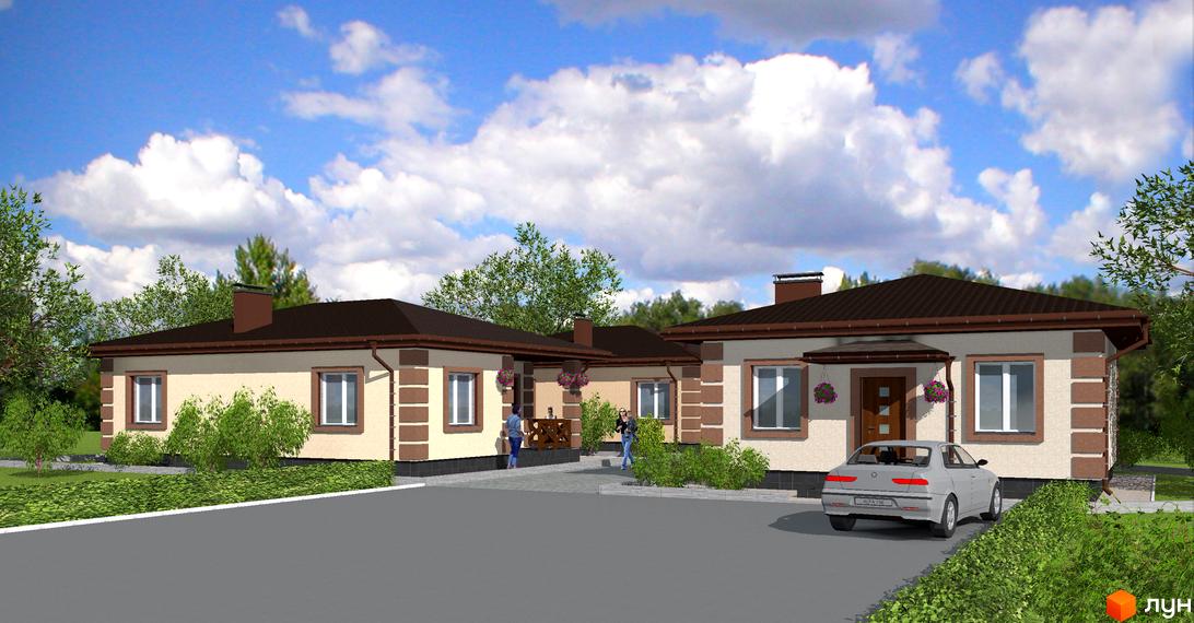 Котеджне містечко КМ Новий Київ. Зовнішній вигляд одноповерхових будинків з коричневими дахами та бежевими стінами, прибудинкова територія з зеленими насадженнями та автомобілем.