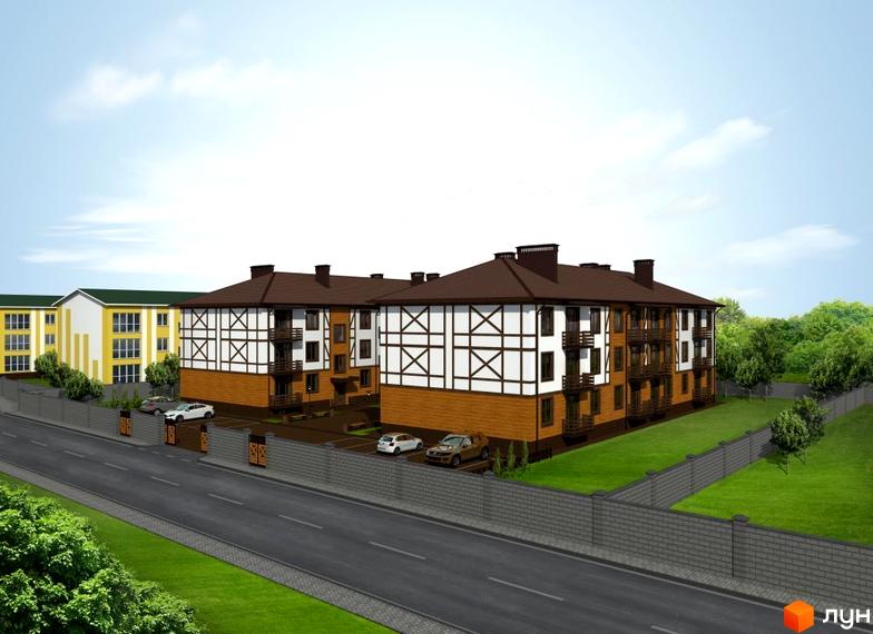 Житловий комплекс Європейський Волинь з триповерховими будинками в стилі фахверк. На території комплексу є парковка для автомобілів, зелені газони та асфальтована дорога.