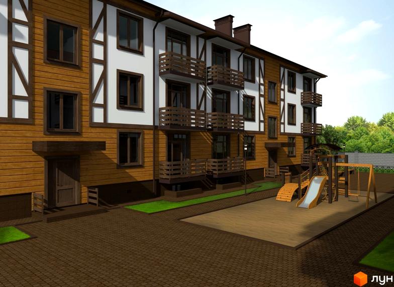 Зображення сторінки житлового комплексу Європейський Волинь. Триповерховий будинок з дерев'яним фасадом та балконами. На прибудинковій території дитячий майданчик.