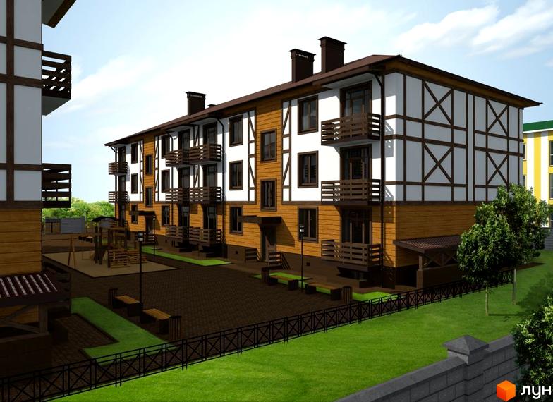 Зовнішній вигляд триповерхового будинку ЖК Європейський Волинь з дерев'яними елементами фасаду та балконами. На прибудинковій території розташовані дитячий майданчик та зони відпочинку.