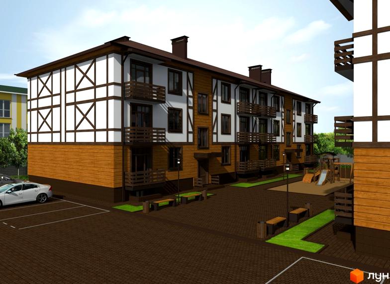 Житловий комплекс Європейський Волинь. Зовнішній вигляд будинку з дерев'яними елементами та балконами. Прибудинкова територія з парковкою, дитячим майданчиком та лавками.