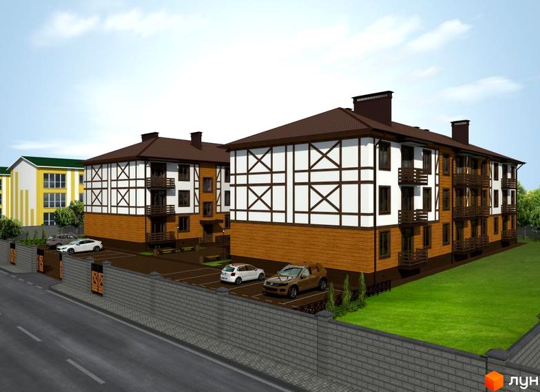 Житловий комплекс Європейський Волинь. Триповерхові будинки з коричневою покрівлею, балконами та парковкою. Біля будинків газон та огорожа.