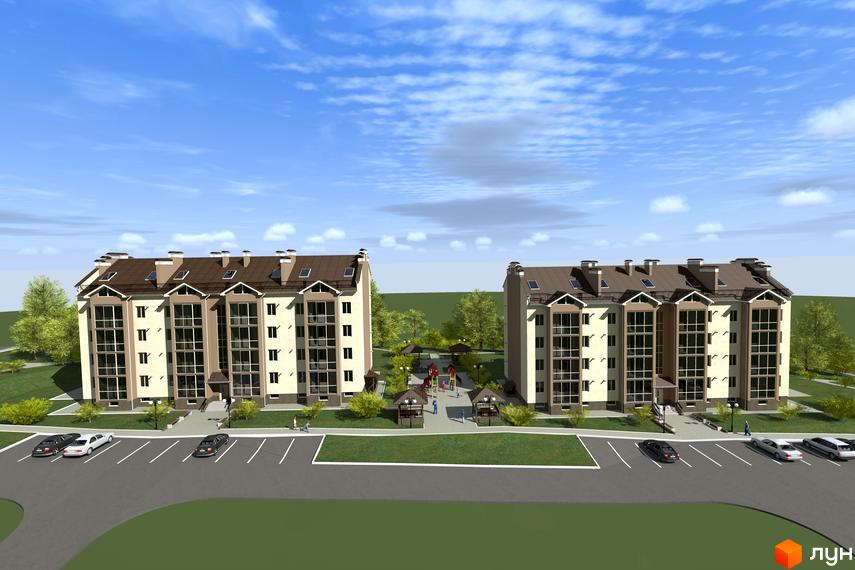 Житловий комплекс Union Park - двосекційна новобудова з коричневим дахом та великими вікнами. На прибудинковій території розташовані дитячий майданчик та парковка.