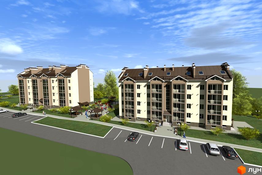 Житловий комплекс Union Park з кількома секціями, з коричневими дахами та великими вікнами. На території є парковка, дитячий майданчик та зелені насадження.