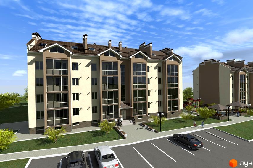 Житловий комплекс Union Park. Багатоповерховий будинок з великими вікнами та балконами. На прибудинковій території є парковка, дитячий майданчик та зелені насадження.