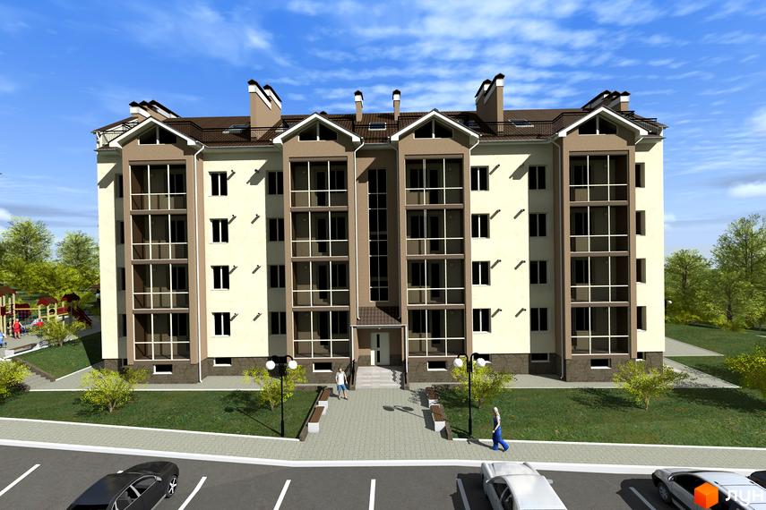 Зображення фасаду багатоповерхового будинку ЖК Union Park. На передньому плані парковка та доріжка, на задньому - дитячий майданчик та дерева.