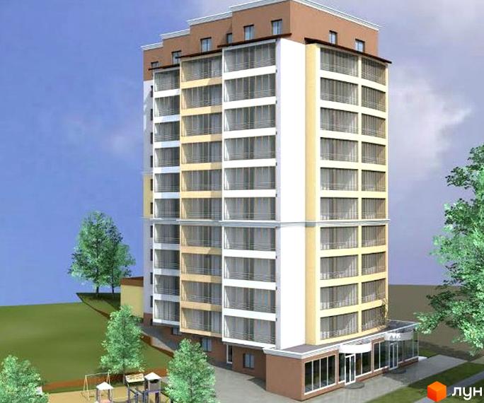 Зовнішній вигляд новобудови ЖК Holiday Park з численними балконами та панорамними вікнами. На прибудинковій території видно зелені насадження та дитячий майданчик.