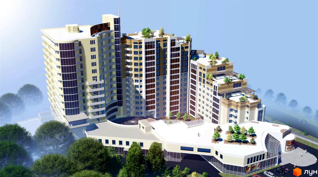 Зображення житлового комплексу Проспект. Висотна будівля з великими вікнами та терасами, розташована серед дерев та зелені.