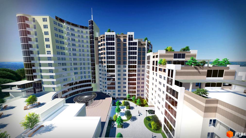 Багатоповерховий будинок з панорамними вікнами та терасами. На прибудинковій території розташовані дерева, місця для відпочинку та підземний паркінг.