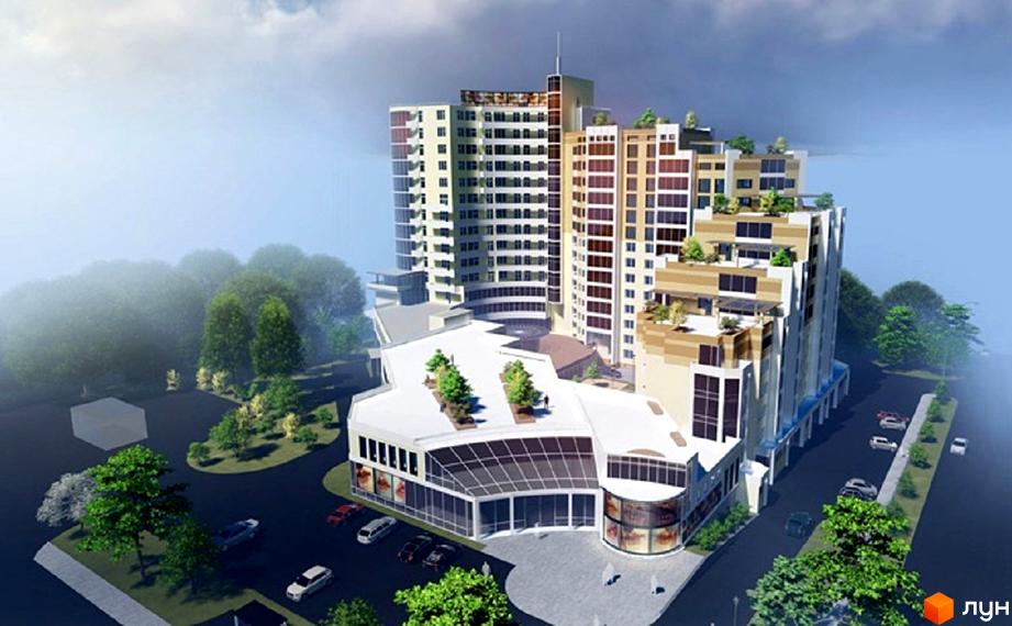 Житловий комплекс Проспект – це багатоповерховий будинок з терасами та скляним фасадом. Навколо комплексу розташовані дерева та парковка з автомобілями.