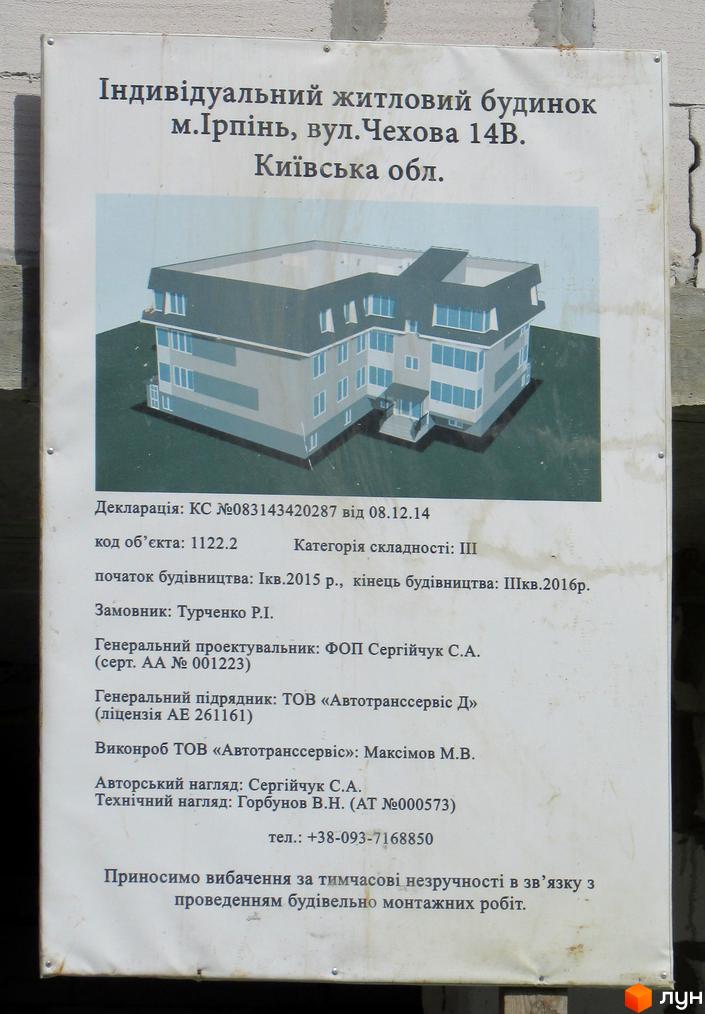 Зображення сторінки будівельного проєкту на вул. Чехова, 14В. Візуалізація будинку з прибудинковою територією.