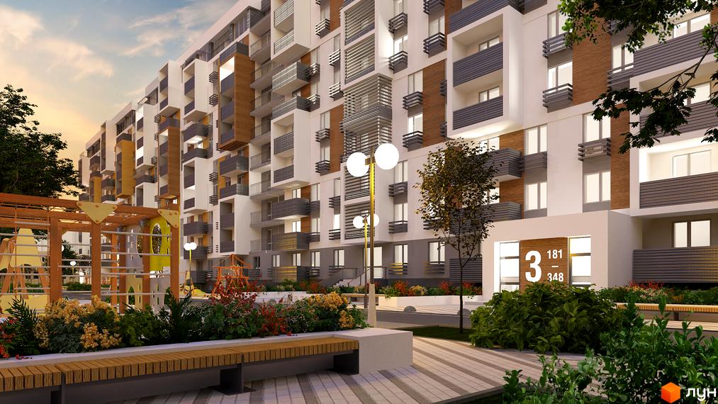 Житловий комплекс Вишгород Сіті Парк: фасади будівель з балконами та вікнами, дитячий майданчик та лавочки на прибудинковій території.