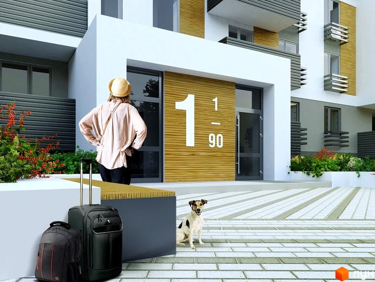 Будинок житлового комплексу Вишгород Сіті Парк з великими вікнами та балконами. На передньому плані тротуарна плитка, зелені насадження та вхідна група.