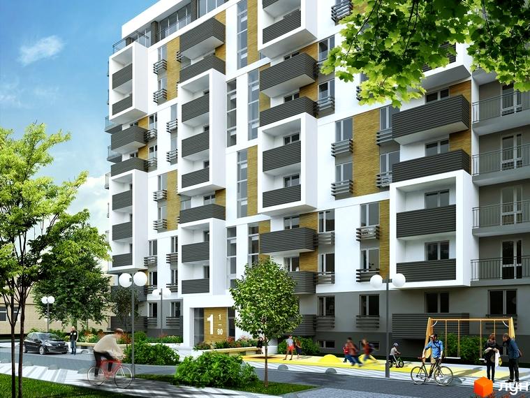Житловий комплекс Вишгород Сіті Парк. Багатоповерховий будинок з балконами та панорамними вікнами. На території дитячий майданчик, зелені насадження та місця для відпочинку.
