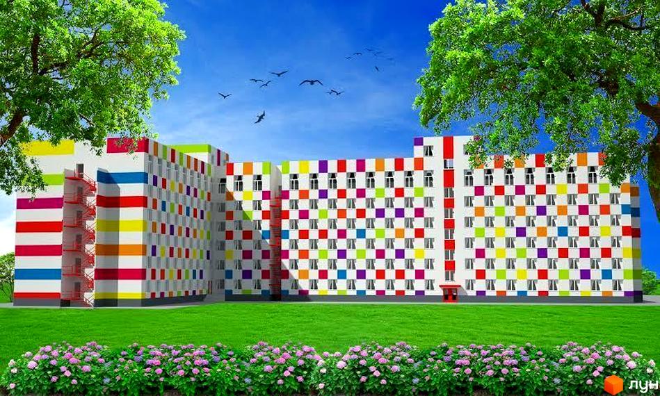 Житловий комплекс Бестужевські сади з яскравим фасадом, що складається з різнокольорових квадратів та горизонтальних смуг. Навколо комплексу зелений газон та квіти.