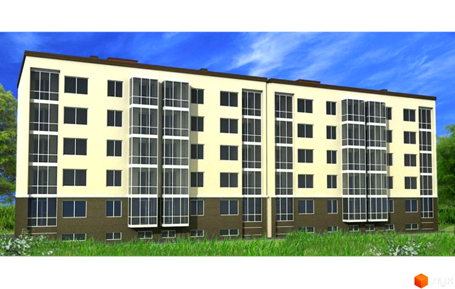 Житловий комплекс Природний. Фасад будинку світло-бежевого кольору з коричневим цоколем. Багато вікон та засклених балконів. Навколо зелена трава та дерева.