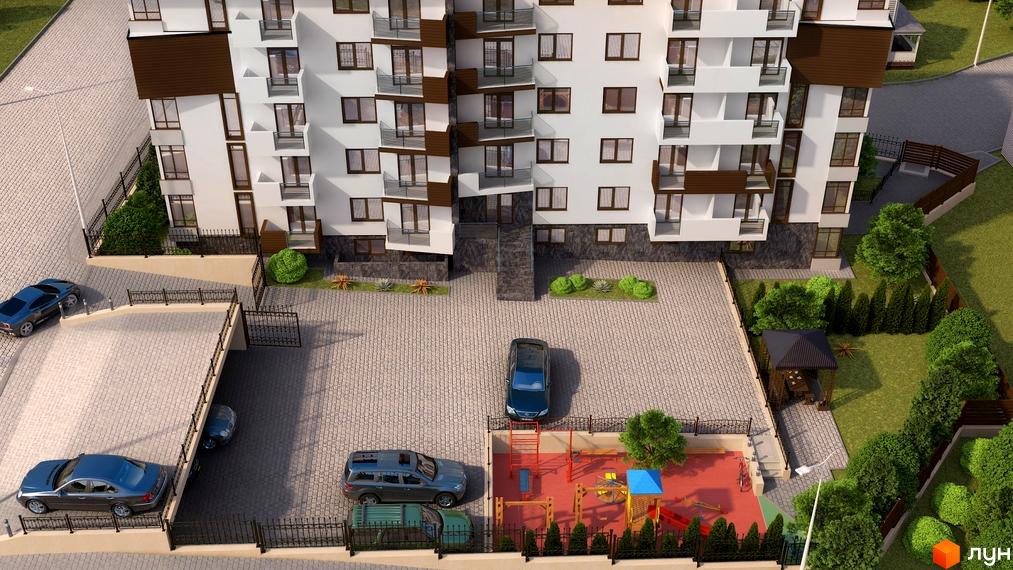 Висотна будівля ЖК Довбуш з білими стінами та коричневими балконами. На прибудинковій території є парковка, дитячий майданчик та зелені насадження.