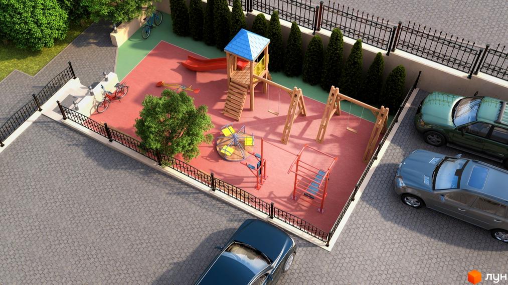 Житловий комплекс Довбуш. Дитячий майданчик з гіркою, гойдалками та каруселлю. На території комплексу є зелені насадження та парковка для автомобілів.