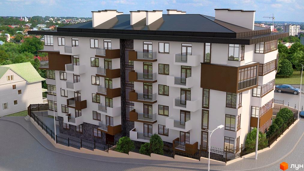 Зображення ЖК Довбуш. Багатоповерховий будинок з білими стінами та коричневими вставками. Навколо будинку розташовані зелені насадження та дорога.