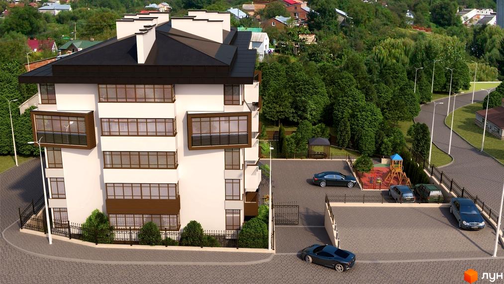 Житловий комплекс Довбуш. Сучасна новобудова з балконами-еркерами та прибудинковою територією з дитячим майданчиком та парковкою.