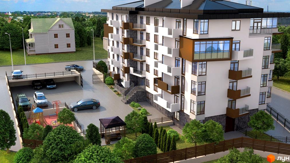 Багатоповерховий будинок ЖК Довбуш з білими фасадами та коричневими балконами. На прибудинковій території є парковка, дитячий майданчик та альтанка.