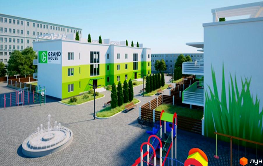 Новобудова КГ Grand House з яскравим фасадом та дитячим майданчиком. Сучасний житловий комплекс з елементами благоустрою.
