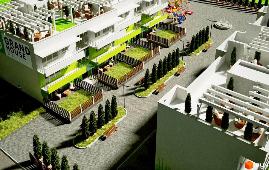 Новобудова КГ Grand House з зеленими фасадами та затишними терасами. На прибудинковій території - зелені зони, лавки та дитячий майданчик.