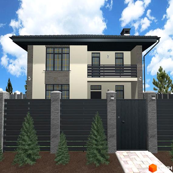 Двоповерховий будинок з темною покрівлею та фасадом у світлих тонах. Перед будинком розташований паркан з воротами та доріжкою, а також зелені насадження.