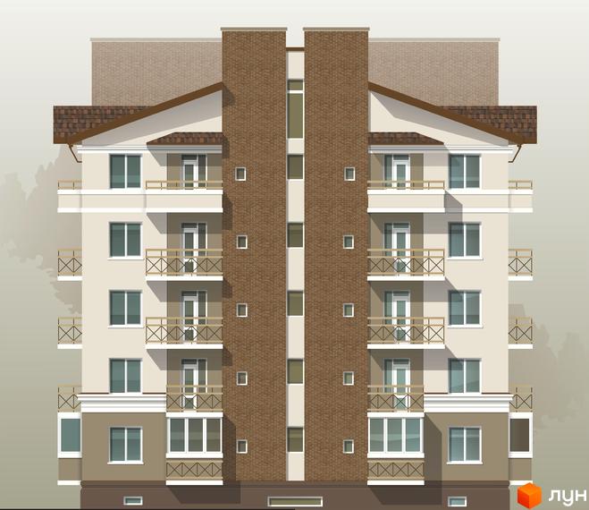 Зображення фасаду будинку Житлового комплексу Сосновий. Чотириповерхова будівля з балконами, вікнами та оздобленням у світлих тонах, з коричневими елементами.