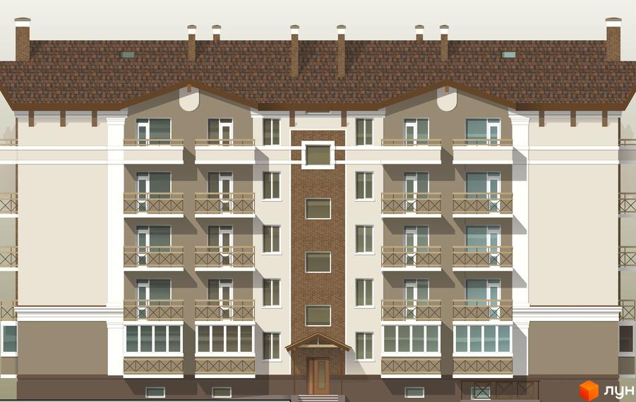 Зображення фасаду багатоповерхового будинку ЖК Сосновий з балконами та вікнами. На даху розташовані димарі.