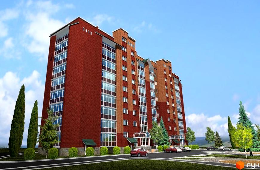 Висотна новобудова з червоної цегли. Перед будинком розташована дорога, парковка та зелені насадження.