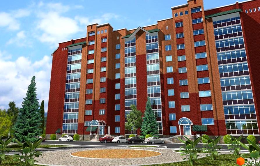 Зовнішній вигляд багатоповерхового будинку з червоної цегли та скляними фасадами. На прибудинковій території розташовані зелені насадження та автомобілі.