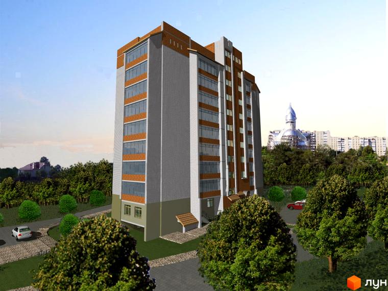 Зображення сторінки житлового комплексу на Скоропадського, 4. Висока будівля з великими вікнами, поруч зелені дерева та невелика прибудинкова територія.