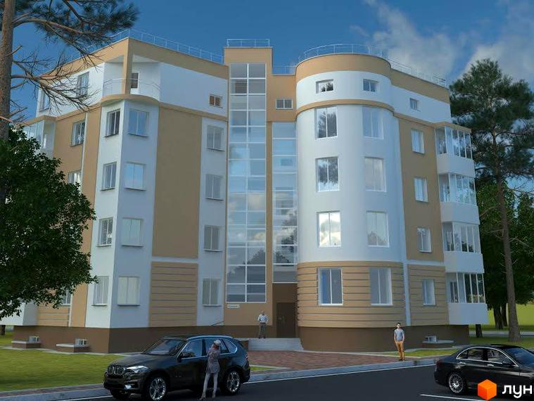 Житловий комплекс Приозерний - це багатоповерхова новобудова з біло-бежевими фасадами та великою кількістю скління. Перед будинком розташована прибудинкова територія з зеленими насадженнями та автомобілями.