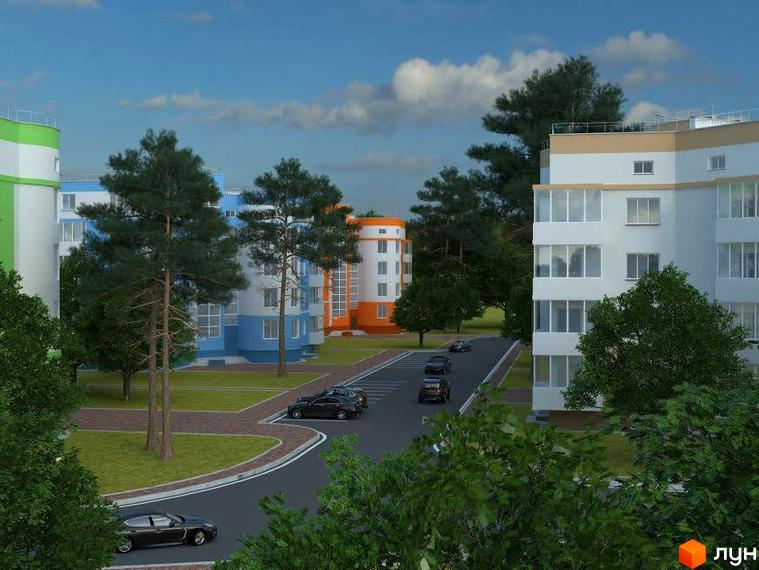 Житловий комплекс Приозерний. Багатоповерхові будинки з білими фасадами, блакитними та зеленими акцентами. На території є дорога з автомобілями та зелені насадження.