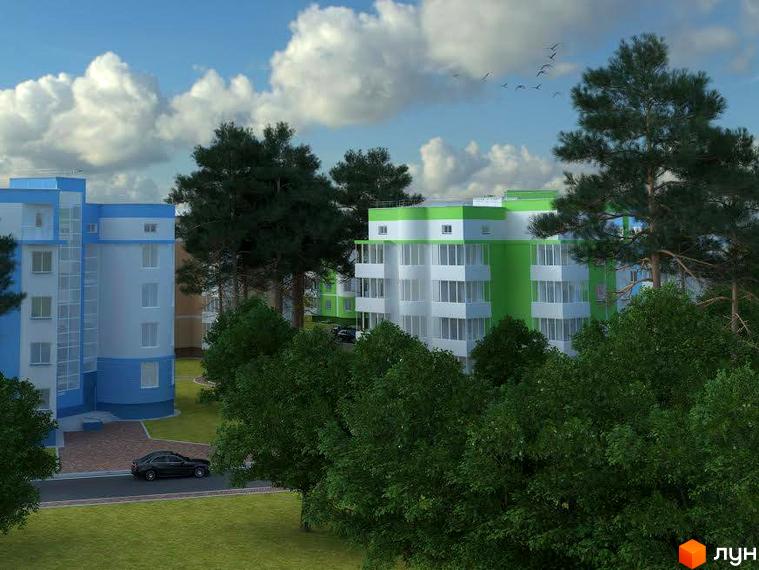 Житловий комплекс Приозерний з фасадами в біло-зелених тонах. На території комплексу є зелені насадження та дорога з припаркованим автомобілем.