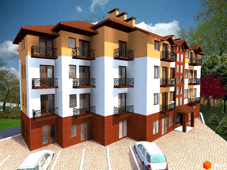 Фасад житлового комплексу на вул. Олександра Довженка, 2. Триповерхова будівля з балконами та парковкою перед будинком.