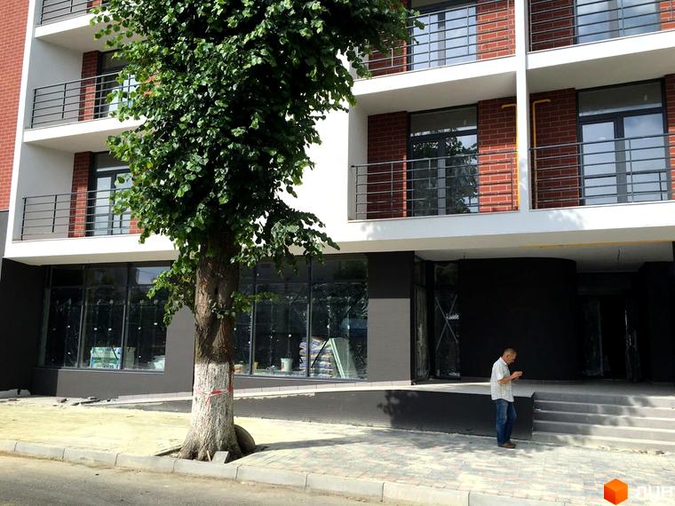 Зовнішній вигляд будівлі житлового комплексу з балконами та вікнами. На передньому плані дерево та тротуар.