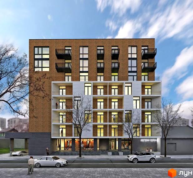 Зовнішній вигляд новобудови на вул. Дубравського, 5. Фасад будинку комбінований: цегляна кладка та білі панелі. Перед будинком розташована дорога з автомобілями та тротуар.