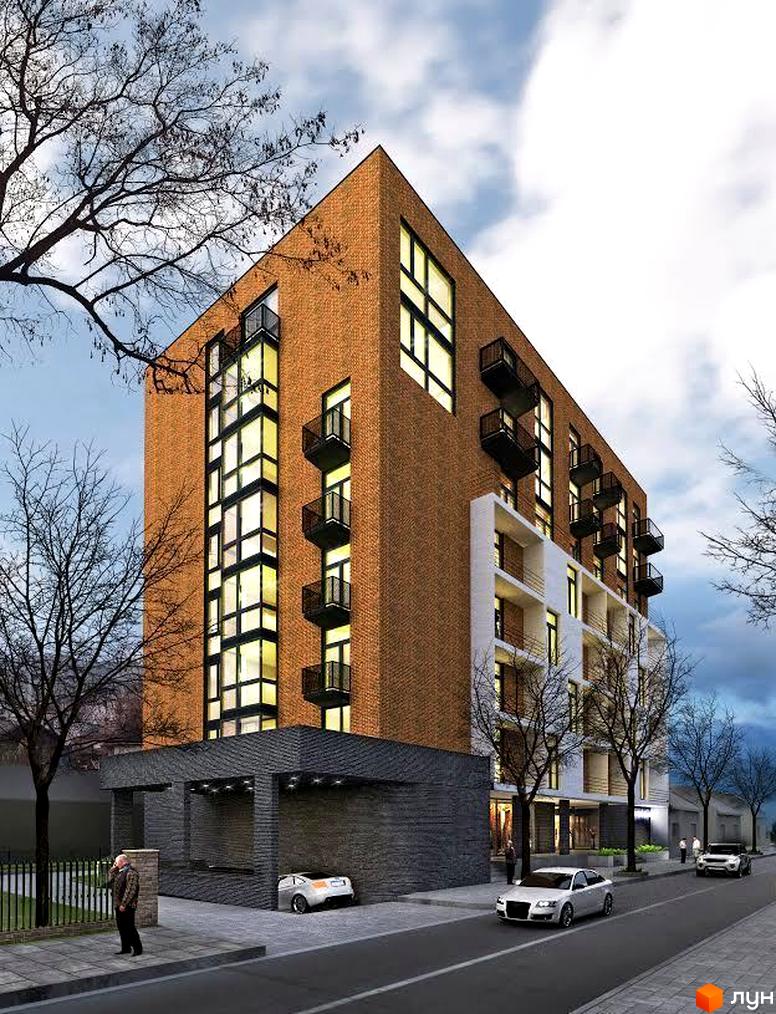 Фасад житлового комплексу на вул. Дубравського, 5, з цегляною обробкою та великими вікнами. Біля будинку розташована прибудинкова територія з дорогою та автомобілями.