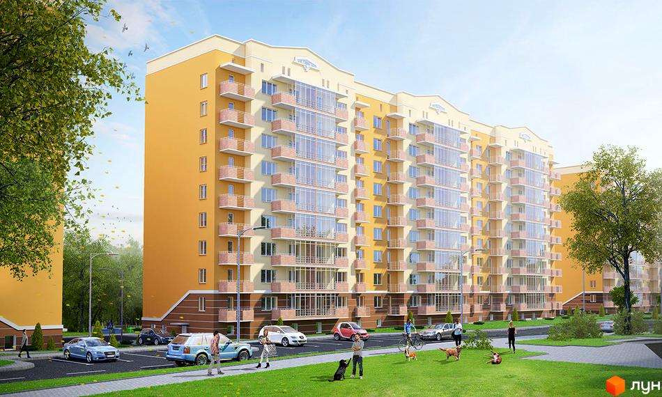 Зображення фасаду Житлового комплексу по вулиці Вербицького, 22. Навколо будинку облаштована прибудинкова територія з газоном та пішохідними доріжками.