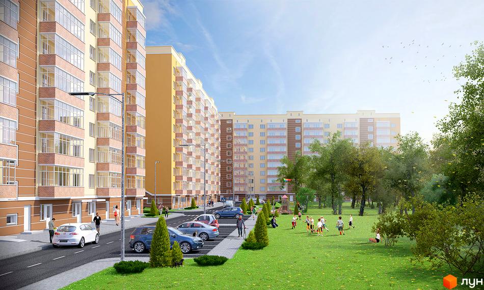 Новобудова на вулиці Вербицького, 22. Багатоповерхові будинки з балконами та паркуванням. Зелена прибудинкова територія з дитячим майданчиком та людьми.