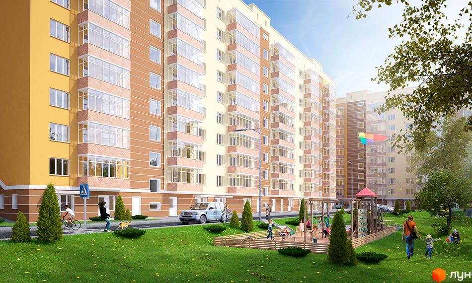 Зображення фасаду житлового будинку на вулиці Вербицького, 22. На передньому плані зелена територія з дитячим майданчиком.