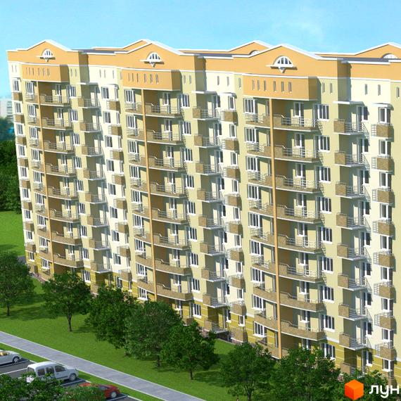 Зображення фасаду багатоповерхового будинку на вулиці Вербицького, 20. Вигляд на прибудинкову територію з деревами та парковкою.